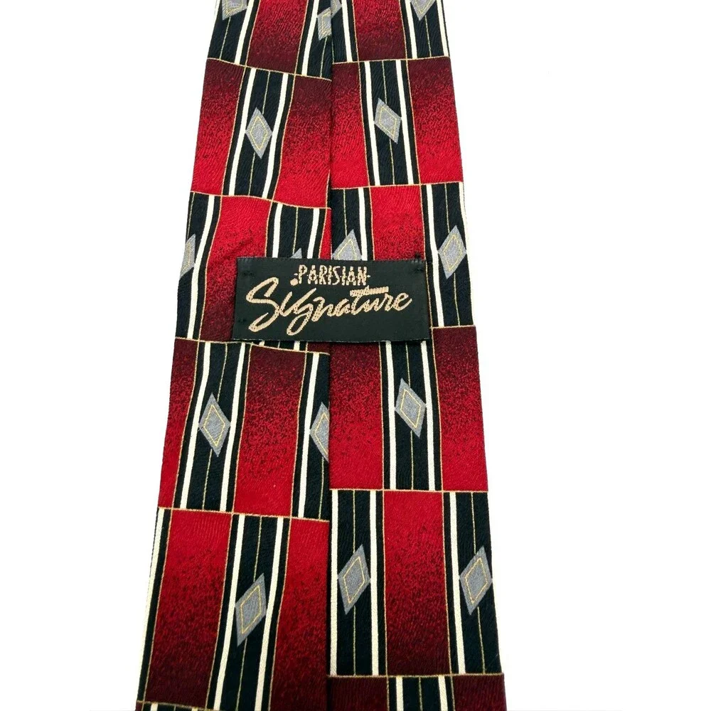 Parisian Signature Silk Tie Red Black Geometric Diamond Pattern Made in USA